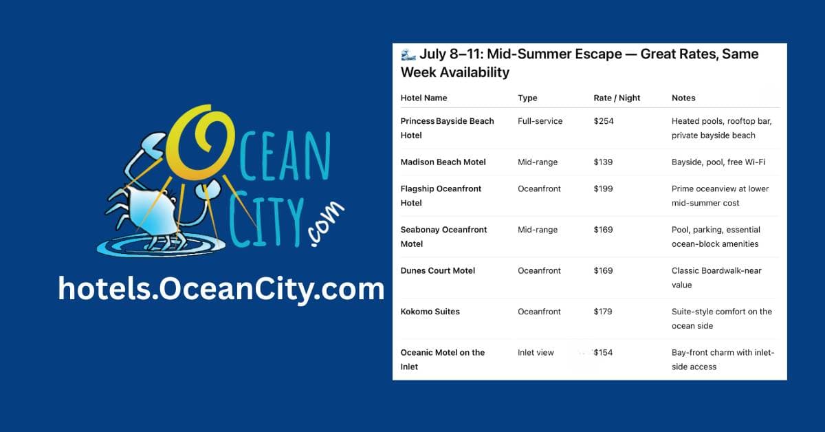 Rates July 8-11 hotels.OceanCity.com