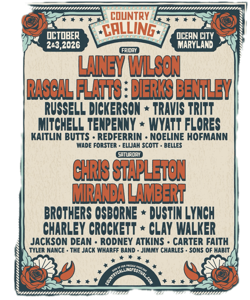 Country Calling festival poster: Ocean City, Maryland, Oct 2–3, 2026, headlined by Lainey Wilson and Chris Stapleton with multiple artists listed below the headline.