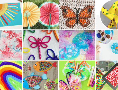 Collage of colorful kids' crafts: paper fans, pom-poms, painted rocks, and glue-and-sequin projects on a variety of backgrounds.