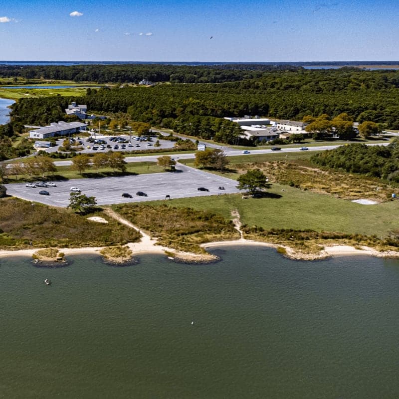 Aerial view of a coastal area with a parking lot, clusters of low buildings, trees, and a sandy shoreline meeting calm water.