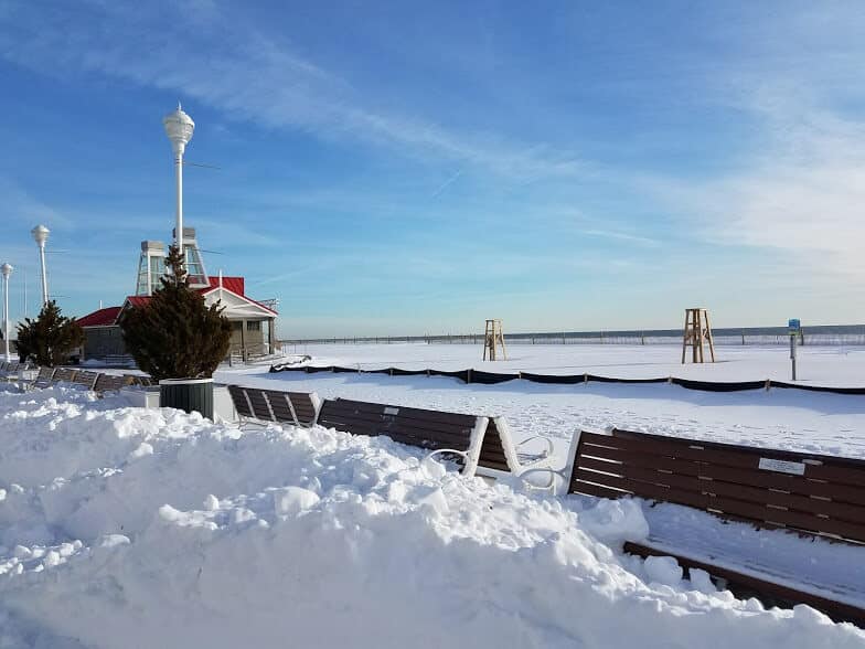 Snow boardwalk benches