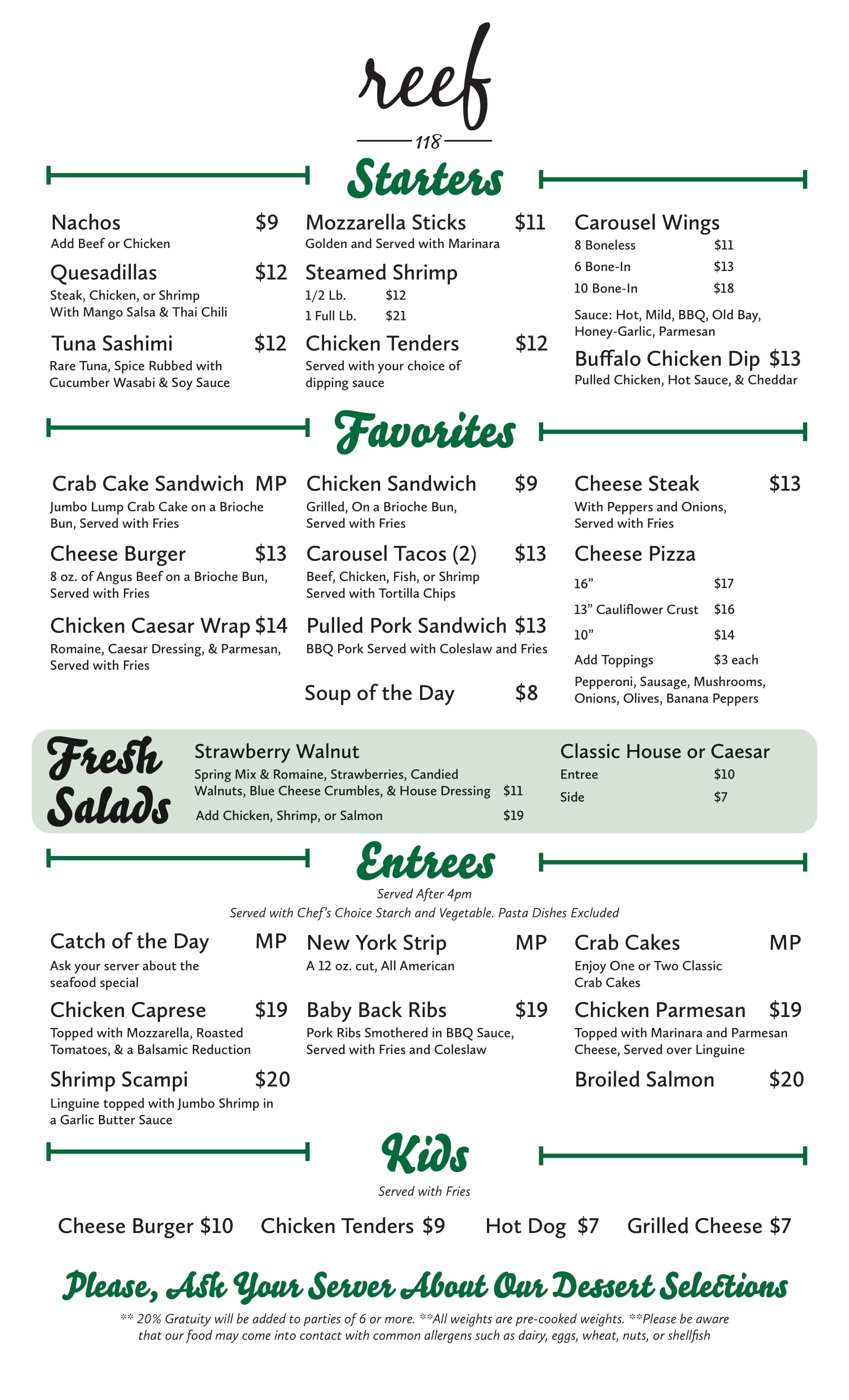 reef118 dinner menu 1