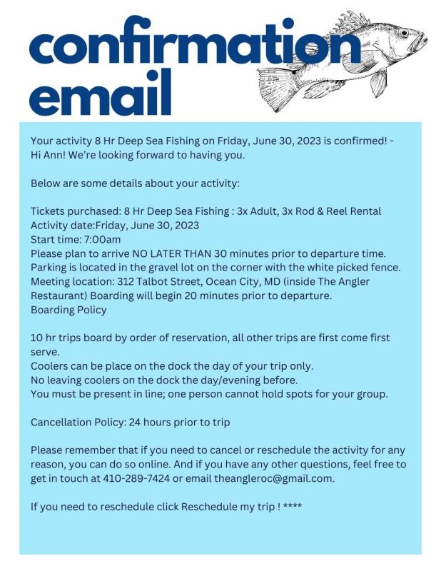 confirmation email for angler fishing trip