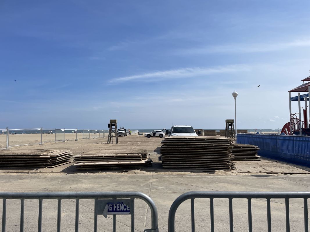 The decking is piled up to be ready to go into place for Oceans Calling 2023