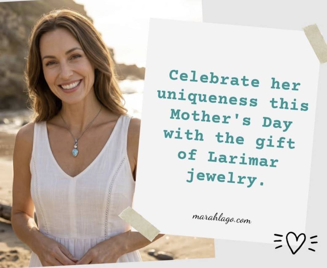 Smiling woman at the beach holding a sign promoting Mother's Day gifts of Larimar jewelry.