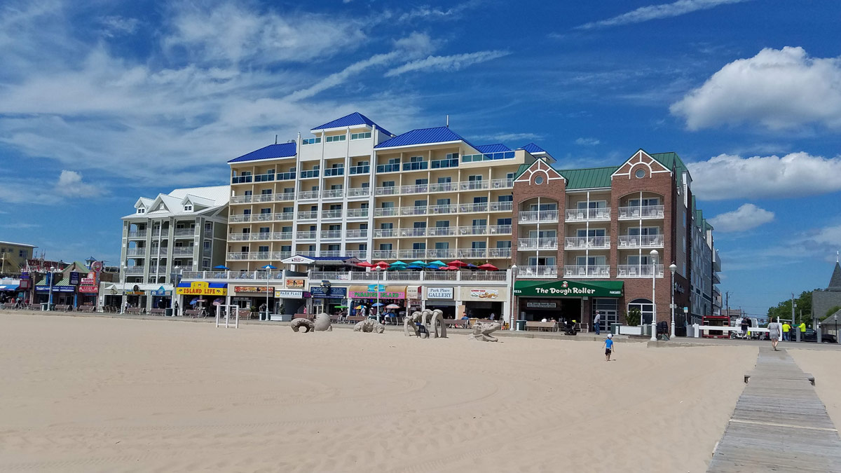 Beach view of the Park Place Hotel in Ocean City, MD
