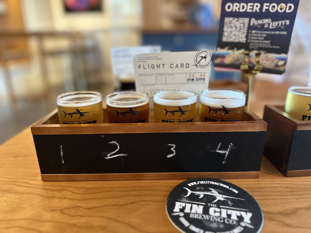 flight of beer at fin city brewing in West Ocean City