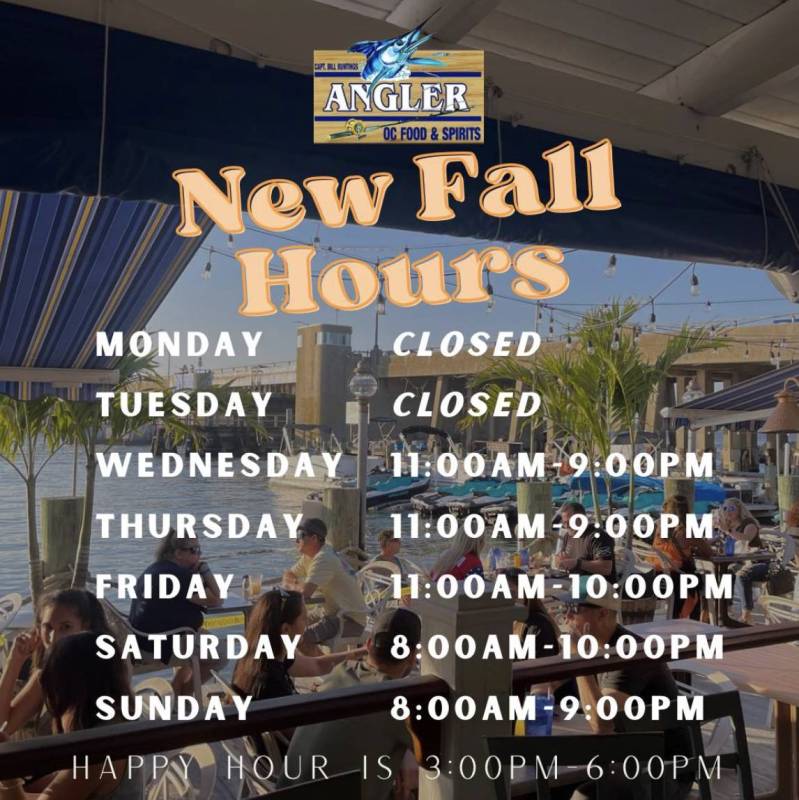 New fall hours for the Angler Restaurant and Bar in Ocean City MD