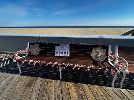 Decorated boardwalk bench