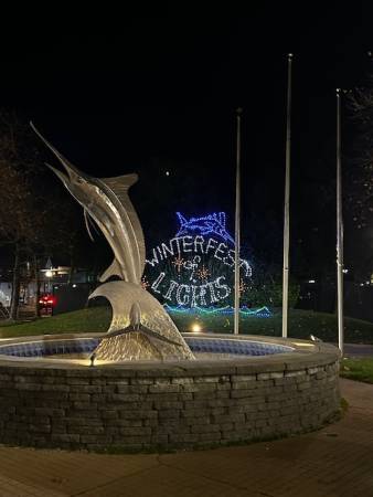 Light display at White Marlin sculpture