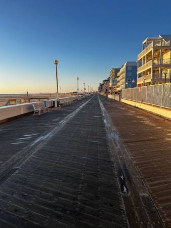 icy boardwalk in early morning hours