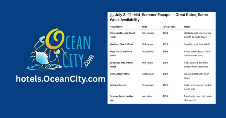 Rates July 8-11 hotels.OceanCity.com
