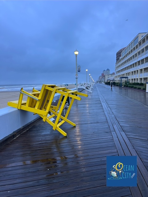 Lifeguard stands on the boardwalk during storm