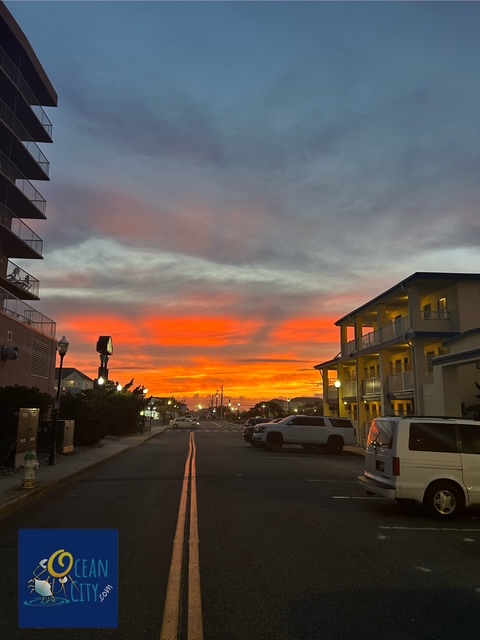 Sunset from the Ocean City boardwalk looking down 22nd Street to the west