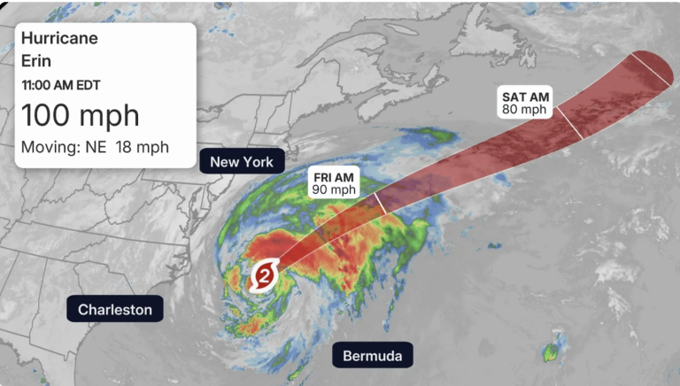 hurricane erin position and projected path by weather.com
