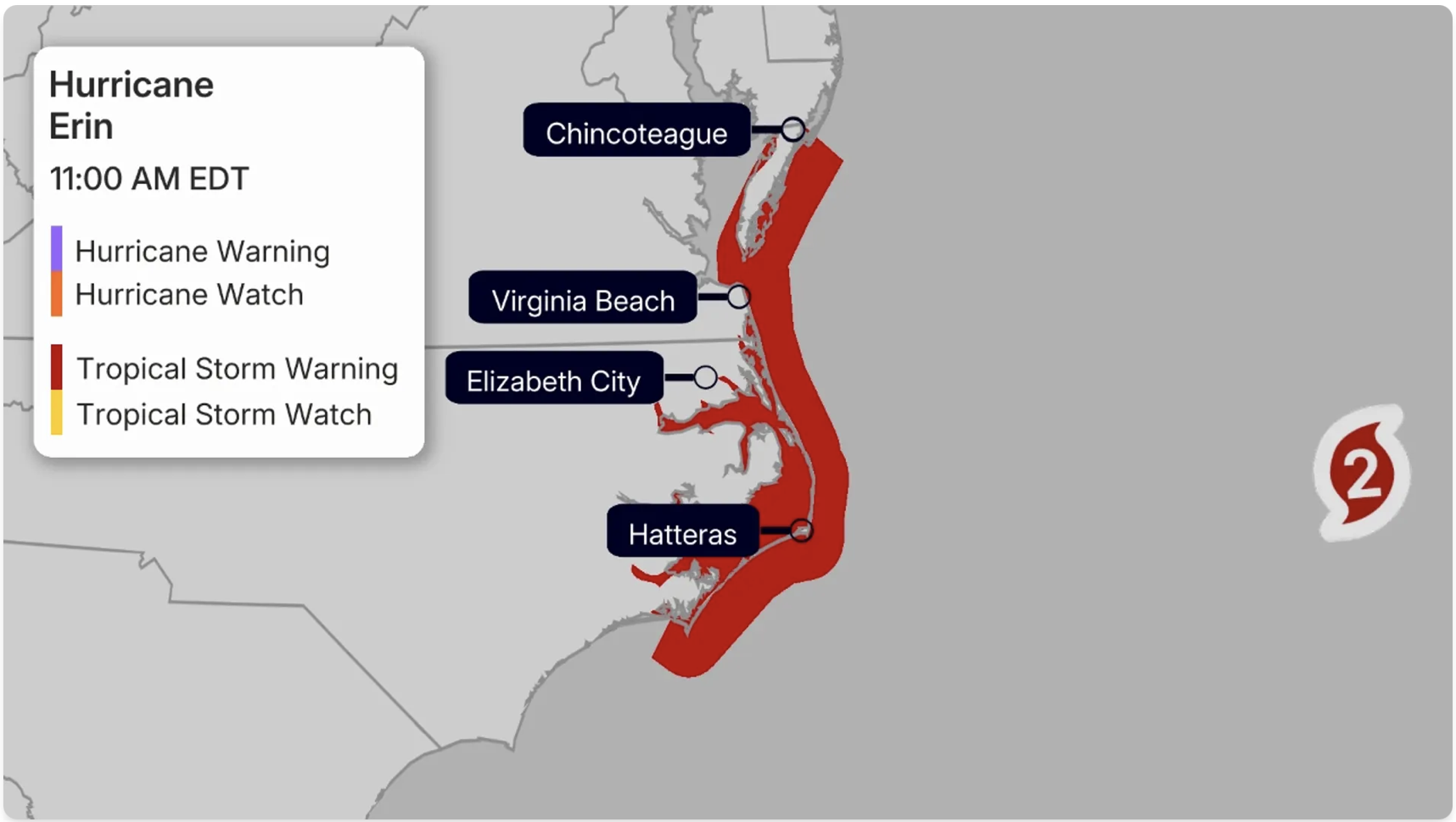 weather.com map of erin storm warnings along the east coast