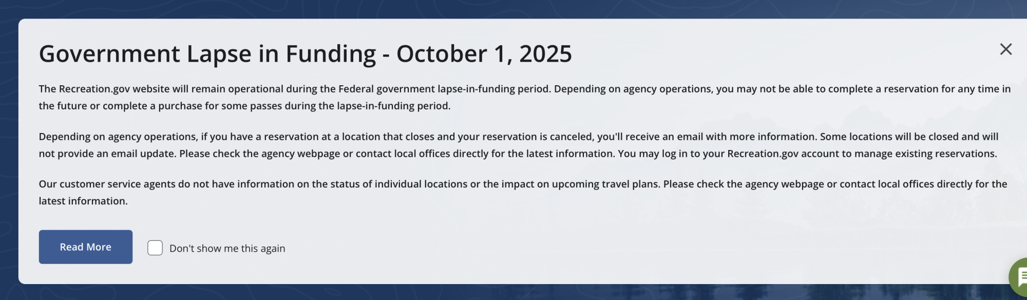 government lapse in funding message on recreation.gov
