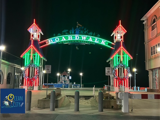 Boardwalk archway with holiday lights