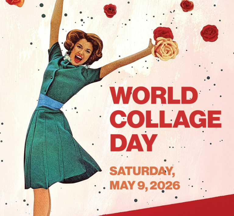 Retro-style poster announcing World Collage Day on Saturday, May 9, 2026, featuring a joyful woman throwing roses.