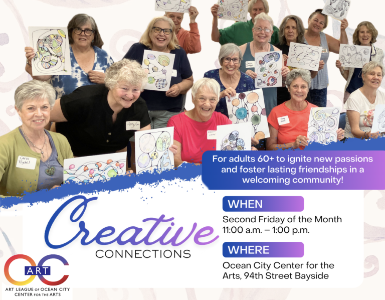 Smiling group of adults displaying their colorful drawings at a Creative Connections art event.