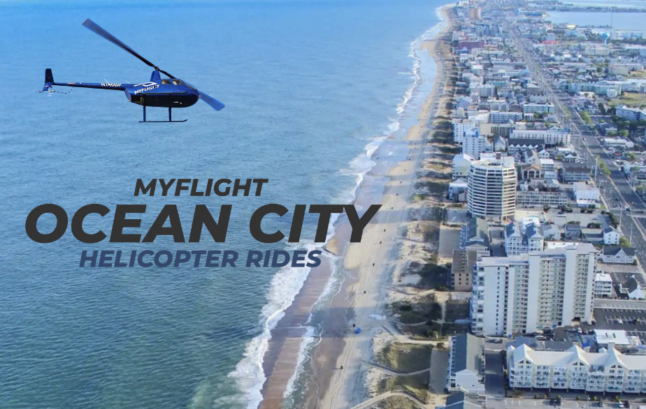 Blue helicopter flying over the ocean and beachfront city, with the overlay text: 'MYFLIGHT OCEAN CITY HELICOPTER RIDES'.