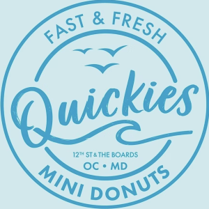 Circular blue logo for Quickies Mini Donuts with 'Fast & Fresh' at the top, decorative 'Quickies' script, birds above, and 'OC • MD' text.