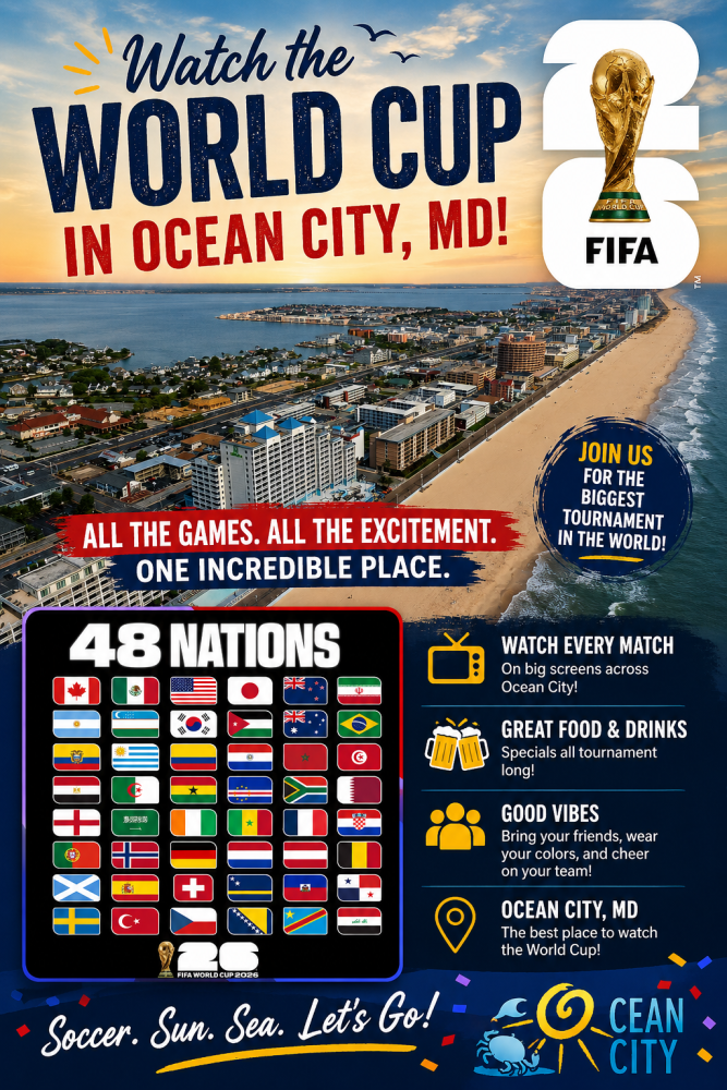Poster promoting the 2026 FIFA World Cup in Ocean City, Maryland, showing a 48-nation flag grid and the World Cup trophy logo with a beach skyline.
