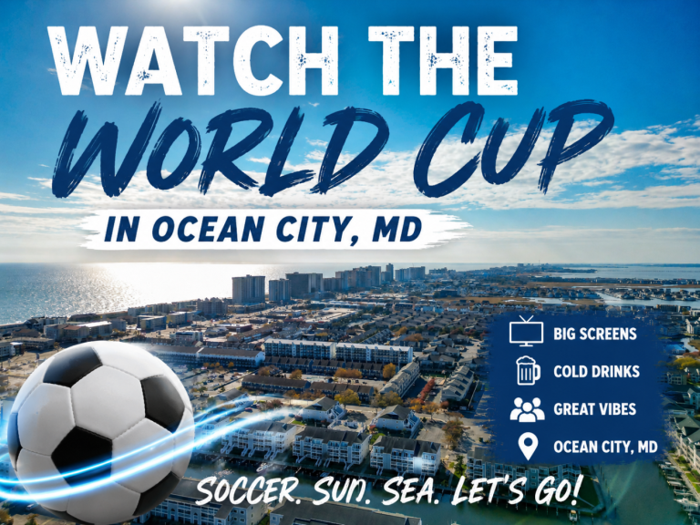 Promotional poster announcing World Cup viewing in Ocean City, MD, with a soccer ball over a seaside townscape.
